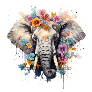 Éléphant PNG - Animal mignon de la jungle avec couronne de fleurs pour t-shirts, tasses et décoration murale