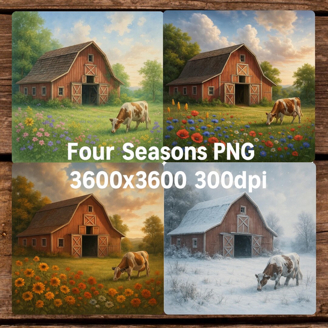 Four Seasons Wall Art Bundle PNG - Farmhouse Red Barn and Cow Prints ...