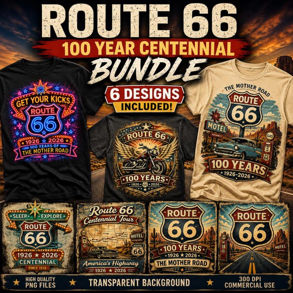Route 66 Centennial PNG-bundel | 6 vintage Americana-ontwerpen (digitale download)