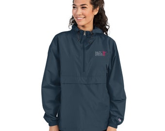 May include: A navy blue hooded jacket with a zipper closure and a kangaroo pocket. The jacket has the text "SALTY SIRENS WATER POLO" embroidered on the front in white and red.