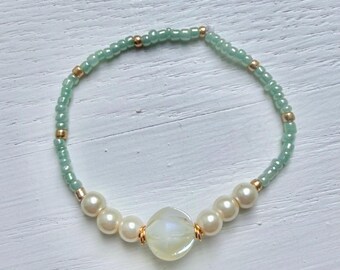 Sea Glass Slipper Teal and Gold Stretchy Bracelet