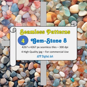 May include: Four seamless patterns showcasing a variety of colourful gemstones in shades of blue, orange, pink, and white. The image includes text that reads "Seamless Patterns", "4 Gem-Stone 8", and "APF Digital Art".