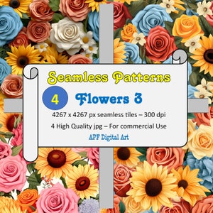 Flowers 3 - 4 High quality images of Flowers, Digital Paper, Seamless Pattern, 4 Floral Prints, Wallpaper, Scrapbook, Background