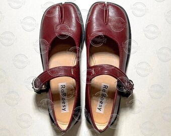 Ballerines Tabi vintage en cuir écologique | Chaussures Mary Jane à bout fendu et bride réglable pour femme | Chaussures tabi rétro marron noir rouge blanc à bout fendu