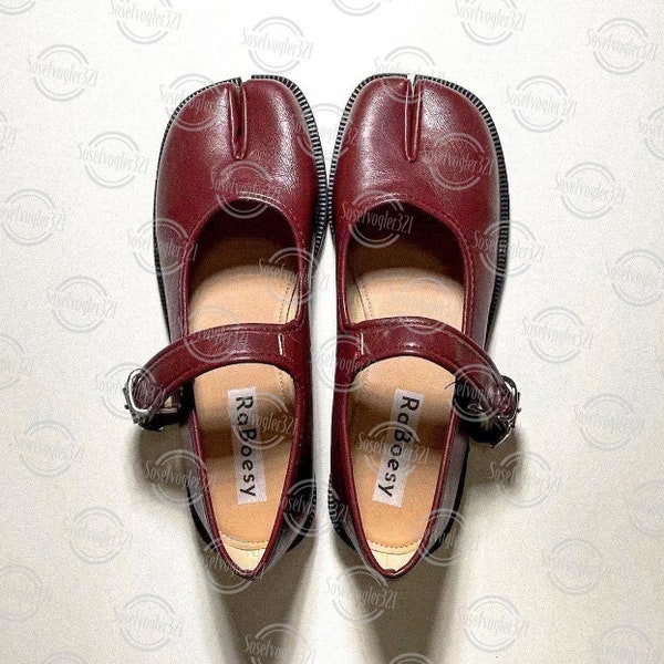 Ballerine Tabi vintage in ecopelle / Scarpe Mary Jane con cinturino regolabile con punta divisa da donna / Scarpe Tabi retrò marrone nero rosso bianco con punta divisa