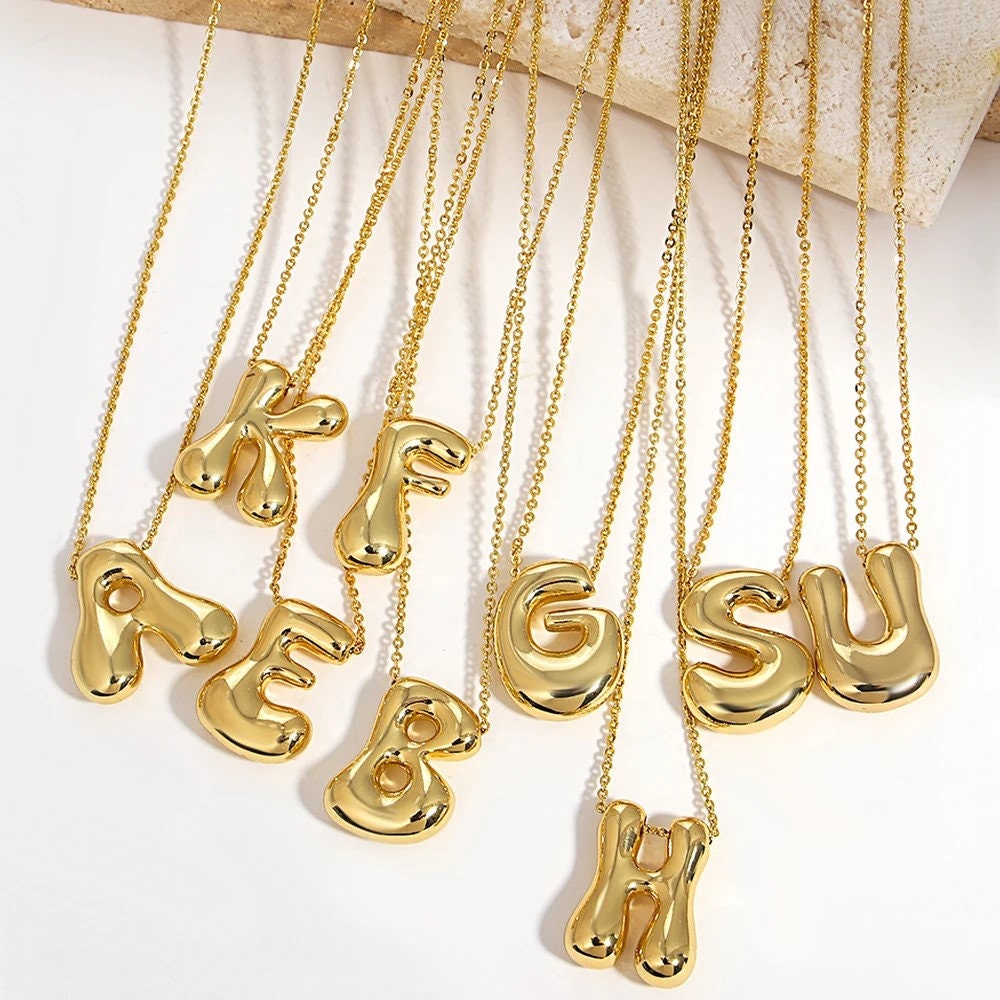 Bubbles Pendant, Silver Bubble Letter Initial Necklace, Stainless Steel, Gold & Silver Plated, Minimalist Jewelry