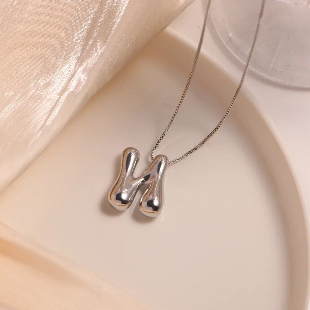 Bubbles Pendant, Silver Bubble Letter Initial Necklace, Stainless Steel, Gold & Silver Plated, Minimalist Jewelry