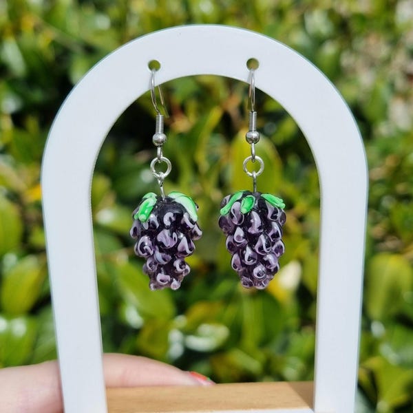 Glass Grape Earrings, Stainless Steel Handmade Dangles