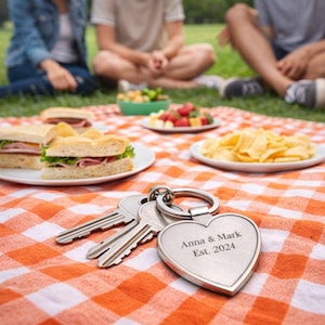 Personalized Heart Keychain  Custom Names Engraved  Stainless Steel Couple Gift