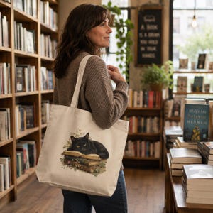 Black Cat Reading on Vintage Books Canvas Tote Bag | Book Lover Gift