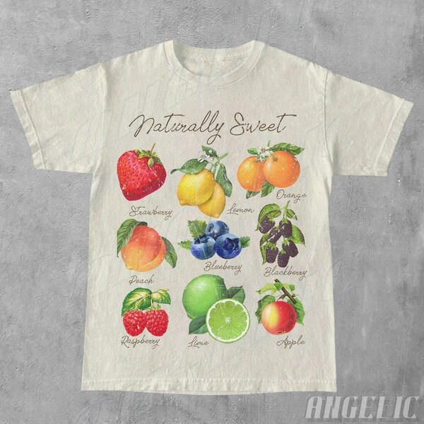 Natuurlijk zoet vintage fruit-T-shirt – retro aardbei-grafisch shirt voor fruitliefhebbers, uniek unisex-cadeau voor veganisten