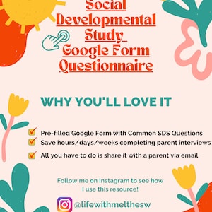 Puede incluir: Un gráfico rosa y blanco con un sol, flores y una lista de verificación. El texto dice "Social Developmental Study Google Form Questionnaire" y "WHY YOU'LL LOVE IT". La lista de verificación incluye "Formulario de Google prellenado con preguntas SDS comunes", "Ahorre horas/días/semanas completando entrevistas a los padres" y "Todo lo que tiene que hacer es compartirlo con un padre por correo electrónico". El gráfico también incluye el texto "¡Sígueme en Instagram para ver cómo uso este recurso! @lifewithmelthesw" y "Sana Therapy LLC".