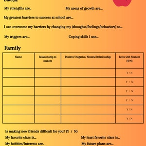 May include: A printable worksheet for a social developmental study interview with a student. The worksheet includes questions about the student's strengths, areas of growth, barriers to success, coping skills, and family relationships. The worksheet also includes a section for the student to list their favorite and least favorite classes, hobbies, and future plans.
