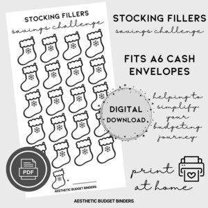 May include: Printable stocking filler savings challenge with 25 stockings, a digital download, and the text "FITS A6 CASH ENVELOPES" and "helping to simplify your budgeting journey".