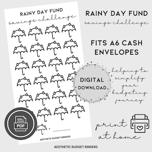 Könnte beinhalten: Ein druckbarer schwarz-weißer Regentag-Spar-Herausforderungs-Tracker mit 30 Regenschirm-Symbolen. Der Tracker ist für A6-Bargeldbriefe konzipiert. Der Text "Rainy Day Fund Savings Challenge" und "Fits A6 Cash Envelopes" ist auf der Seite gedruckt. Der Text "Digitaler Download" und "Zu Hause drucken" ist ebenfalls auf der Seite gedruckt. Der Text "Hilft, Ihre Budgetierung zu vereinfachen" ist auf der Seite gedruckt.