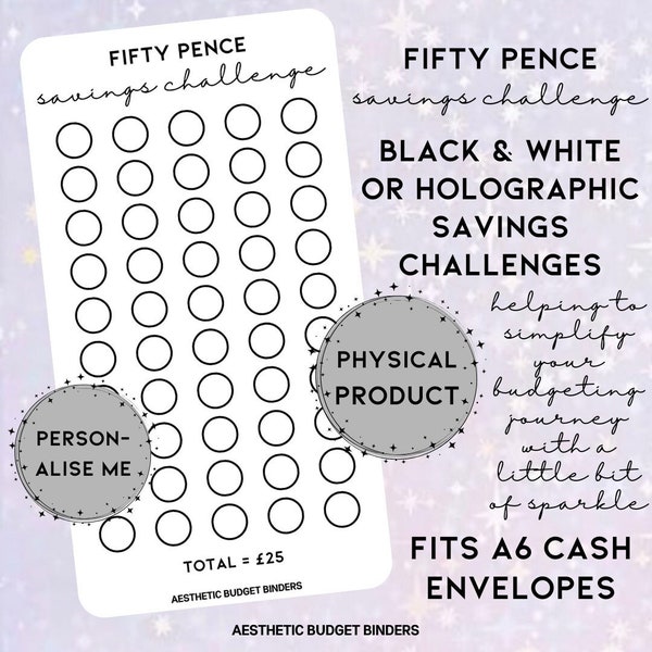 Fifty Pence Holographic Savings Challenge A6, Finance Planner, Cash Envelope Insert, Cash Stuffing, Iridescent Savings Tracker, Coins Change