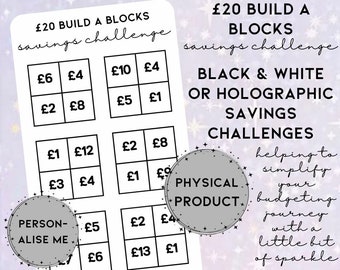 Twenty Pounds Build a Blocks Holographic Savings Challenge A6, Finance Planner, Cash Envelope Insert, Cash Stuffing, Iridescent Tracker