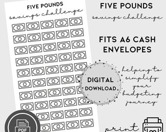 Five Pounds Savings Challenge A6, Digital Download, Emergency Fund, Cash Envelope Insert, Cash Stuffing, Printable Savings Tracker, Notes