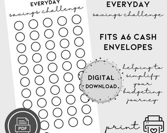 Everyday Savings Challenge A6, Digital Download, Emergency Fund, Cash Envelope Insert, Cash Stuffing, Printable Savings Tracker