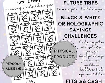 Future Trips Holographic Savings Challenge A6, Finance Planner, Cash Envelope Insert, Cash Stuffing, Iridescent Savings Tracker, Travelling