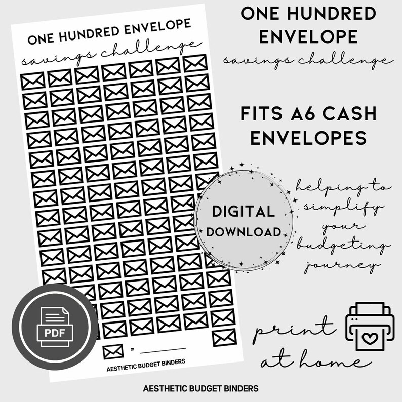 One Hundred Envelope Savings Challenge A6, Digital Download, Emergency Fund, Cash Envelope Insert, Cash Stuffing, Printable Savings Tracker image 1