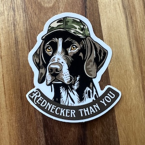 May include: A brown and white dog wearing a camouflage baseball cap with the text "Rednecker Than You" on a white banner.