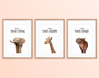 Set of 3 Nursery Prints, Safari Nursery Decor, Kids Room Bedroom Decor Positive Kids Affirmation Art, Toddler Room Cute Baby Animal Wall Art