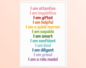 Elementary Classroom Positive Affirmations Rainbow Decor, School Affirmations Poster, Affirmation Station Printable, 1st 2nd Grade Wall Art