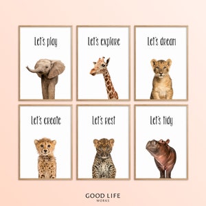 May include: Six framed prints with animal illustrations and text. The prints feature an elephant, giraffe, lion, cheetah, leopard, and hippopotamus. The text on the prints reads "Let's play", "Let's explore", "Let's dream", "Let's create", "Let's rest", and "Let's tidy".