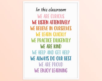 Elementary In This Classroom Rainbow Affirmations Poster, 1st 2nd Grade Rules Wall Art, Primary Class Printable Bulletin Window Door Decor