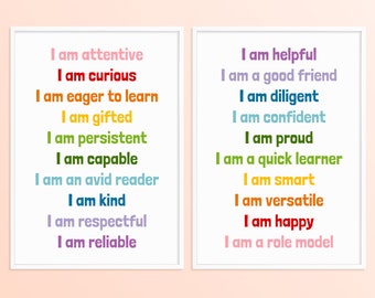 Elementary Classroom Positive Affirmations Rainbow Decor, School Affirmations Poster Set of 2, 1st 2nd Grade Affirmation Station Printable