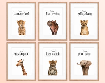 Nursery Wall Art Set of 6, Safari Nursery Decor, Toddler Room Cute Baby Animal Prints, Kids Room Bedroom Decor Positive Kids Affirmation Art