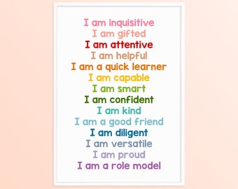 Elementary Classroom Positive Affirmations Rainbow Decor, School Affirmations Poster, Affirmation Station Printable, 1st 2nd Grade Wall Art