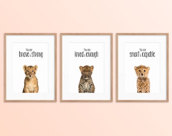 Set of 3 Nursery Prints, Safari Nursery Decor, Kids Room Bedroom Decor Positive Kids Affirmation Art, Toddler Room Cute Baby Animal Wall Art
