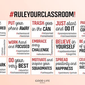 30 Classroom Bulletin Board Hashtag Signs/Posters, Red Middle High School Classroom Decor, Motivational Funny Classroom Rules Expectations