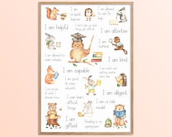 Elementary Classroom Affirmations Poster, Homeschool Woodland Animals Themed Decor, Affirmation Station Printable, First Day of School Gift
