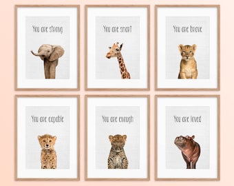 Nursery Wall Art Set of 6, Gender Neutral Safari Nursery Decor, Baby Animal Prints, Kids Room Bedroom Decor, Positive Kids Affirmation Art