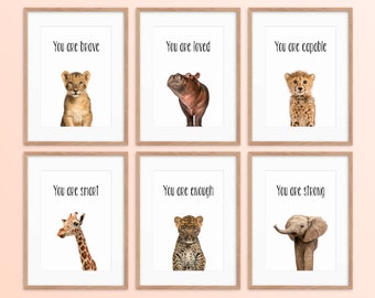 Nursery Wall Art Set of 6, Gender Neutral Safari Nursery Decor, Baby Animal Prints, Kids Room Bedroom Decor, Positive Kids Affirmation Art