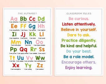 Kindergarten Classroom Affirmation Alphabet + Rules Poster Set of 2, Elementary Expectations Rainbow Wall Decor, 1st 2nd Grade Abc Printable