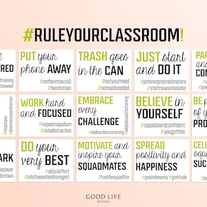 30 Classroom Bulletin Board Hashtag Signs/Posters, Lime Green Middle High School Classroom Decor, Motivational Classroom Rules Expectations