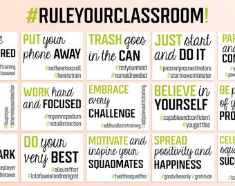 30 Classroom Bulletin Board Hashtag Signs/Posters, Lime Green Middle High School Classroom Decor, Motivational Classroom Rules Expectations