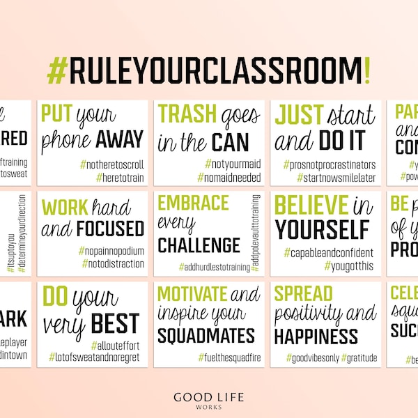30 Classroom Bulletin Board Hashtag Signs/Posters, Lime Green Middle High School Classroom Decor, Motivational Classroom Rules Expectations