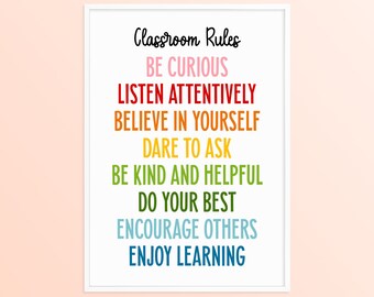 Elementary Classroom Rainbow Rules Expectations Poster, 1st 2nd Grade Bulletin Board Printable, Kindergarten Wall Art, Door and Window Decor