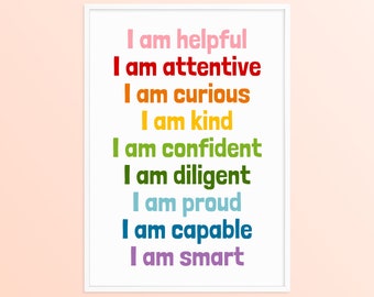 Elementary Classroom Positive Affirmations Rainbow Decor, School Affirmations Poster, Affirmation Station Printable, 1st 2nd Grade Wall Art