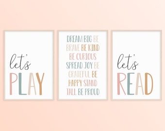 Playroom Wall Art Set of 3 Prints, Boho Kids Room Decor, Let’s Play Let’s Read Signs, Neutral Nursery Toddler Room Decor, Toy Room Posters