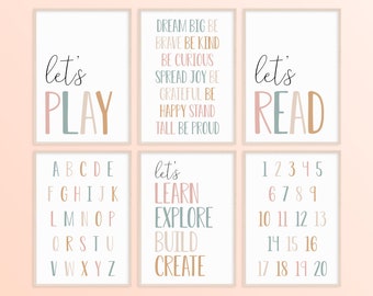Playroom Prints Set of 6, Boho Kids Room Decor, Neutral Nursery Toy Room Wall Art, Let’s Play Read Signs, Toddler Alphabet Numbers Posters