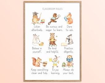 Elementary Classroom Rules Expectations Wall Art Poster, Woodland Animal Nature Theme Decor, Bulletin Board Printable, Elementary Door Decor