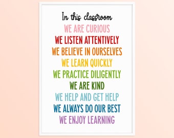 Elementary In This Classroom Rainbow Affirmations Poster, 1st 2nd Grade Rules Wall Art, Primary Class Printable Bulletin Window Door Decor
