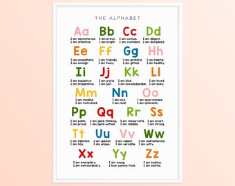 Rainbow Affirmations Alphabet Abc Poster, Homeschool Decor Chart, Nursery Playroom Wall Art, Kindergarten Classroom Educational Printable