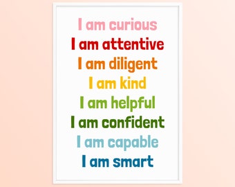 Elementary Classroom Positive Affirmations Rainbow Decor, School Affirmations Poster, Affirmation Station Printable, 1st 2nd Grade Wall Art